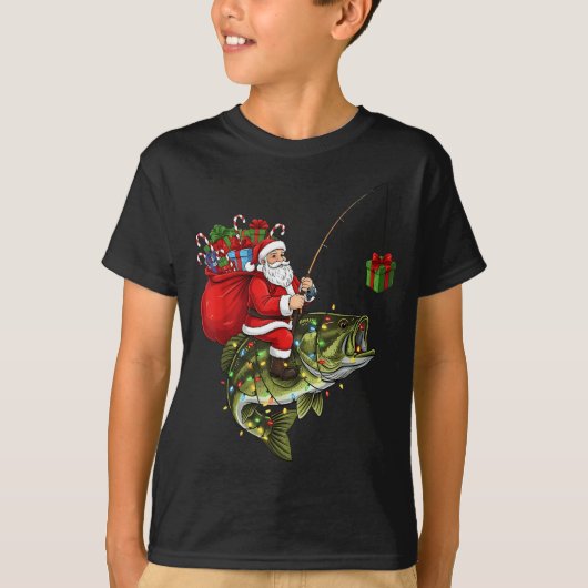 Santa Riding B Fish Christmas Fishing Funny Xmas P Tシャツ (正面)