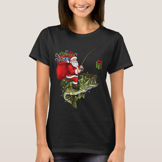 Santa Riding B Fish Christmas Fishing Funny Xmas P Tシャツ (正面)