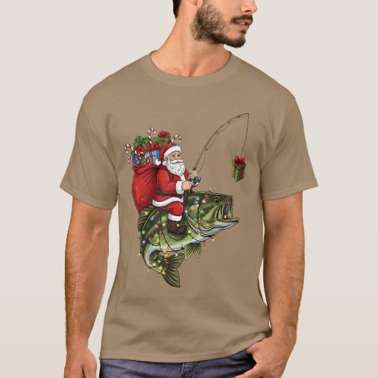 Santa Riding Bass Fish Christmas Fishing Funny Xma Tシャツ (正面)