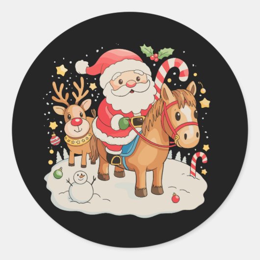 Santa Riding Cute Horse Christmas Holiday Xmas ラウンドシール (正面)