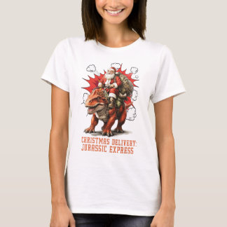 Santa Riding Dino Women White T-Shirt Tシャツ