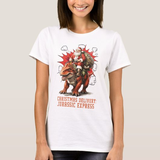 Santa Riding Dino Women White T-Shirt Tシャツ (正面)