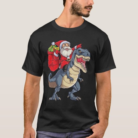 Santa Riding Dinosaur re Christmas Gifts Xmas Boys Tシャツ (正面)