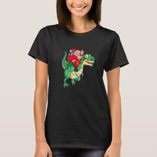 Santa Riding Dinosaur rex Christmas Costume Christ Tシャツ (正面)