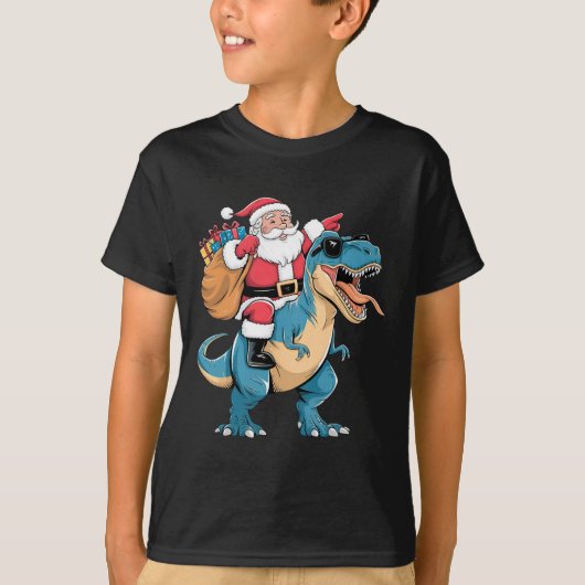 Santa Riding Dinosaur T Rex Christmas Boys Men Gir Tシャツ (正面)