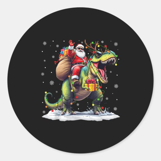Santa Riding Dinosaur T Rex Christmas Boys Men Xma ラウンドシール (正面)