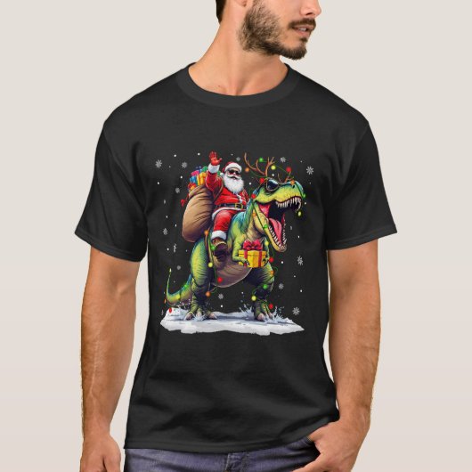 Santa Riding Dinosaur T Rex Christmas Boys Men Xma Tシャツ (正面)