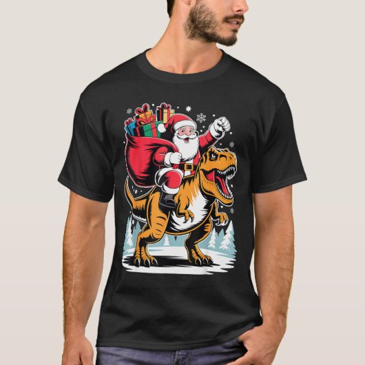 Santa Riding Dinosaur T Rex Christmas Boys Xmas  Tシャツ (正面)