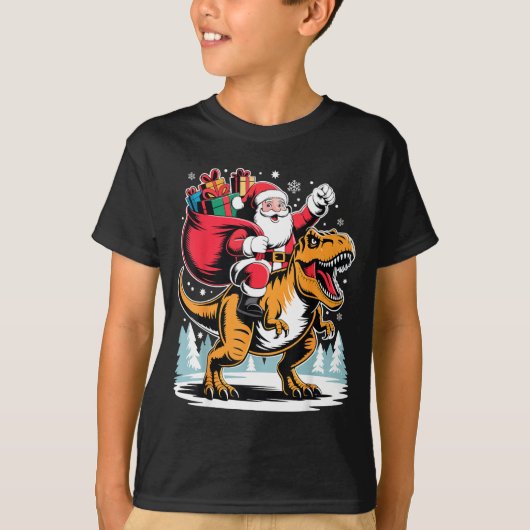Santa Riding Dinosaur T Rex Christmas Boys Xmas  Tシャツ (正面)