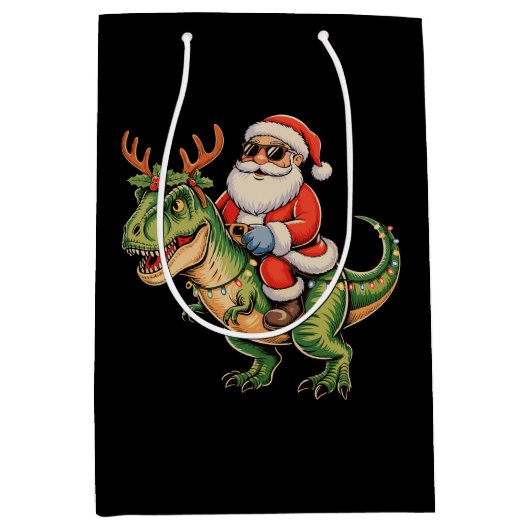 Santa Riding Dinosaur T Rex Christmas Retro Xmas ミディアムペーパーバッグ (正面)