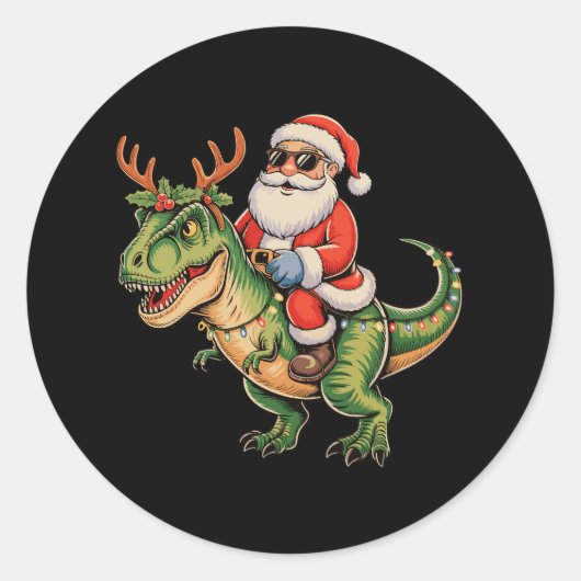 Santa Riding Dinosaur T Rex Christmas Retro Xmas ラウンドシール (正面)