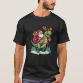 Santa Riding Dinosaur T rex Deer Xmas Lights pajam Tシャツ (正面)