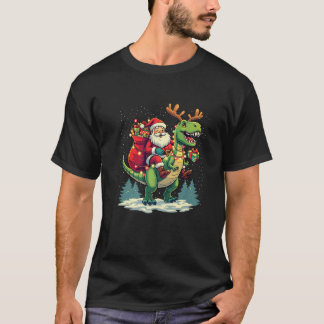 Santa Riding Dinosaur T rex Deer Xmas Lights pajam Tシャツ