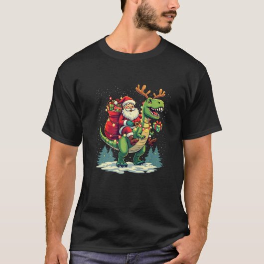 Santa Riding Dinosaur T rex Deer Xmas Lights pajam Tシャツ (正面)