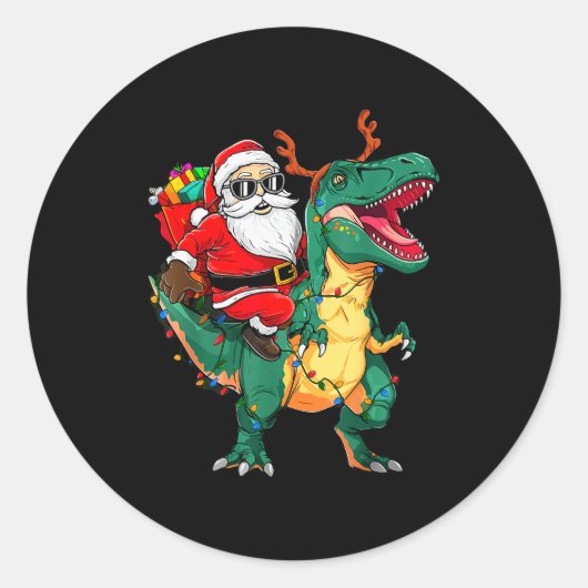 Santa Riding Dinosaur T Rex Funny Christmas Kids B ラウンドシール (正面)