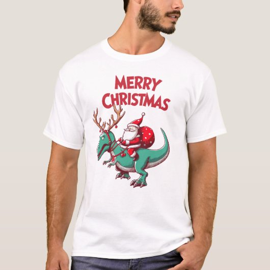Santa Riding Dinosaur T-Rex Merry Christmas Tシャツ (正面)