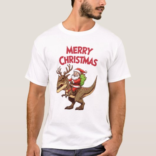 Santa Riding Dinosaur T-Rex Merry Christmas Tシャツ (正面)