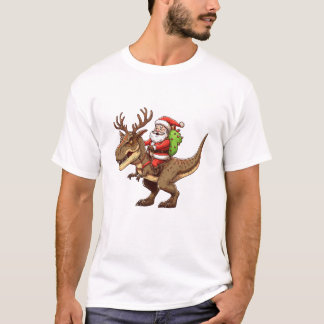 Santa Riding Dinosaur T-Rex Tシャツ