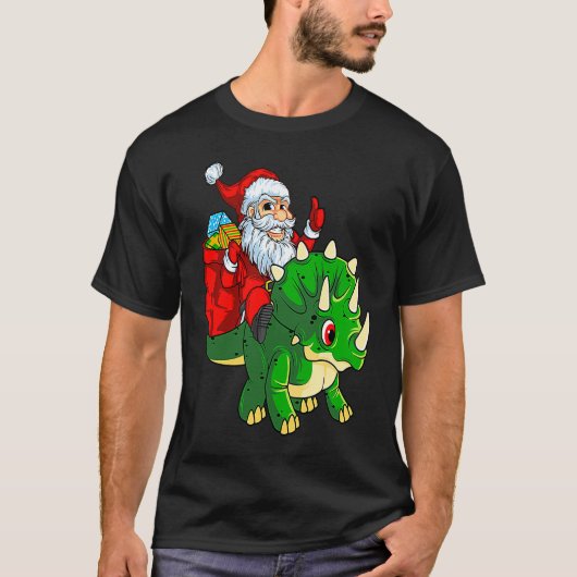Santa Riding Dinosaur Triceratops Dino Christmas B Tシャツ (正面)