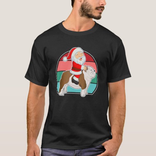 Santa Riding English Bulldog Christmas PJs Xmas Pa Tシャツ (正面)