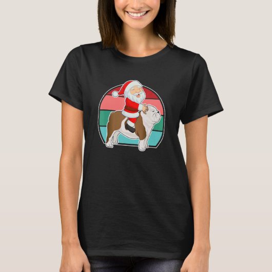 Santa Riding English Bulldog Christmas PJs Xmas Pa Tシャツ (正面)
