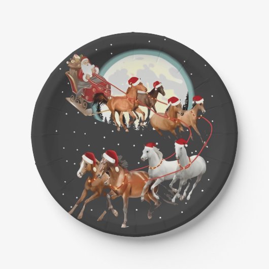 Santa Riding Horses Horse Sleigh Equestrian  ペーパープレート (正面)