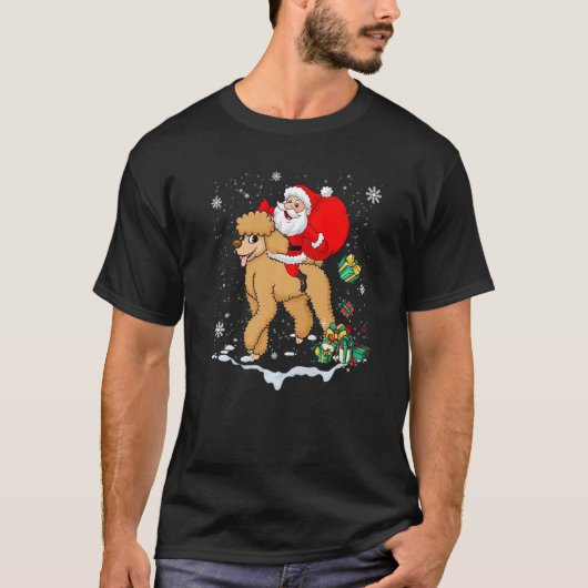 Santa Riding Poodle Dog with Hat Claus Christmas P Tシャツ (正面)