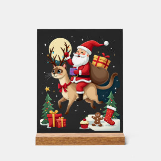 Santa Riding Reindeer Siamese Cat Christmas Tree L アクリルサイン