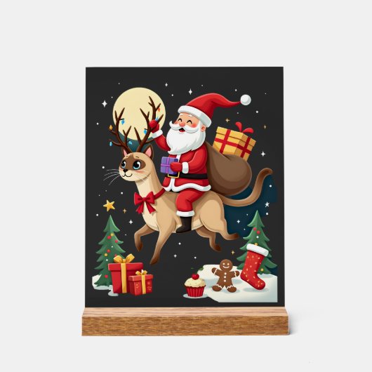 Santa Riding Reindeer Siamese Cat Christmas Tree L アクリルサイン (正面)