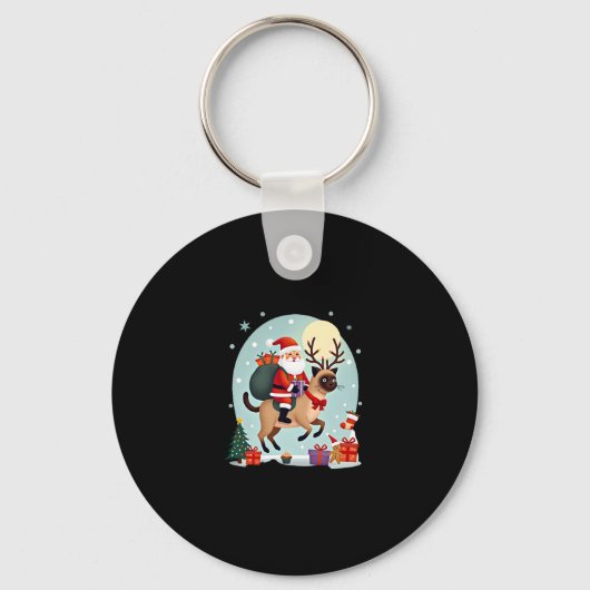 Santa Riding Reindeer Siamese Cat Christmas Tree L キーホルダー (正面)