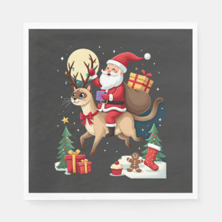Santa Riding Reindeer Siamese Cat Christmas Tree L スタンダードランチョンナプキン