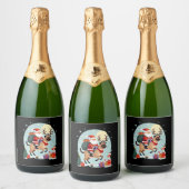 Santa Riding Reindeer Siamese Cat Christmas Tree L スパークリングワインラベル (ボトル)