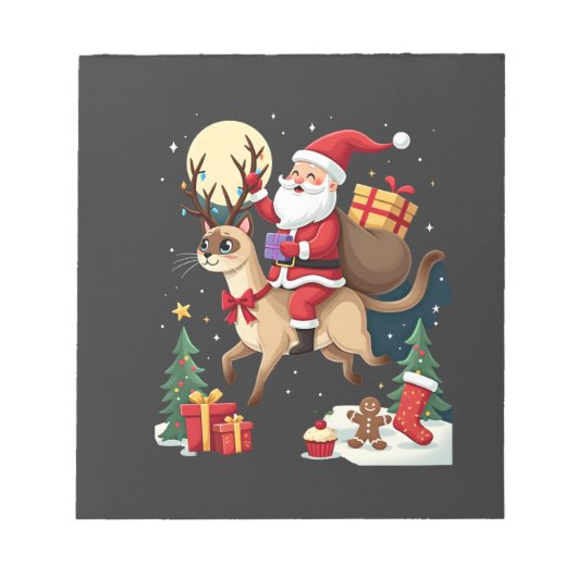 Santa Riding Reindeer Siamese Cat Christmas Tree L ノートパッド (正面)