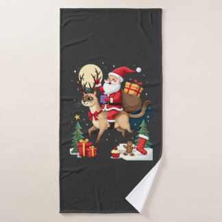 Santa Riding Reindeer Siamese Cat Christmas Tree L バスタオル