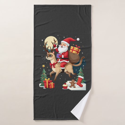 Santa Riding Reindeer Siamese Cat Christmas Tree L バスタオル (バスタオル)
