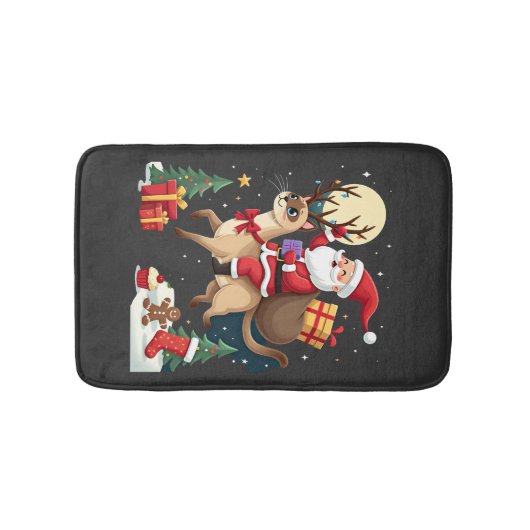 Santa Riding Reindeer Siamese Cat Christmas Tree L バスマット (正面)