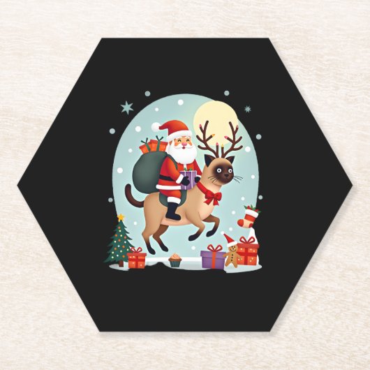 Santa Riding Reindeer Siamese Cat Christmas Tree L ペーパーコースター (正面)