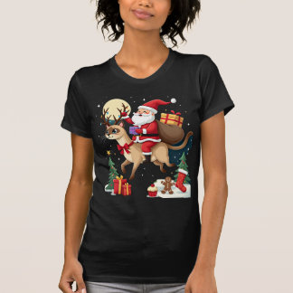 Santa Riding Reindeer Siamese Cat Christmas Tree L Tシャツ