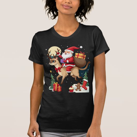 Santa Riding Reindeer Siamese Cat Christmas Tree L Tシャツ (正面)