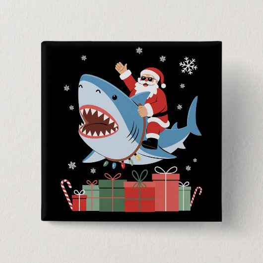 Santa Riding Shark Christmas Pajama Cute Ocean 缶バッジ (正面)