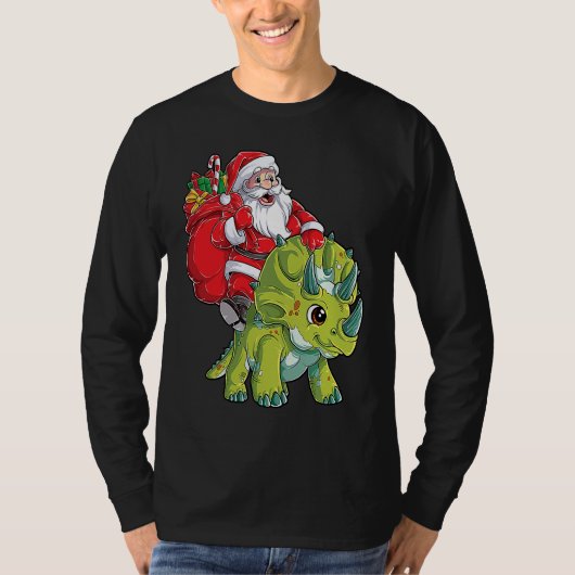 Santa Riding Triceratops Dinosaur Christmas Boys K Tシャツ (正面)