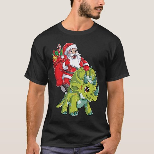 Santa Riding Triceratops Dinosaur Christmas Boys K Tシャツ (正面)