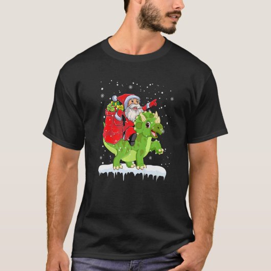 Santa Riding Triceratops Dinosaur Christmas Boys X Tシャツ (正面)