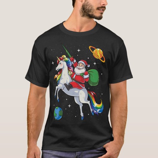 Santa Riding Unicorn Christmas Gifts Rainbow Space Tシャツ (正面)