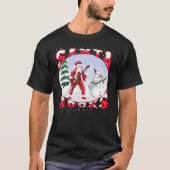 Santa Rocks Playing Guitar With Snowman Tシャツ (正面)