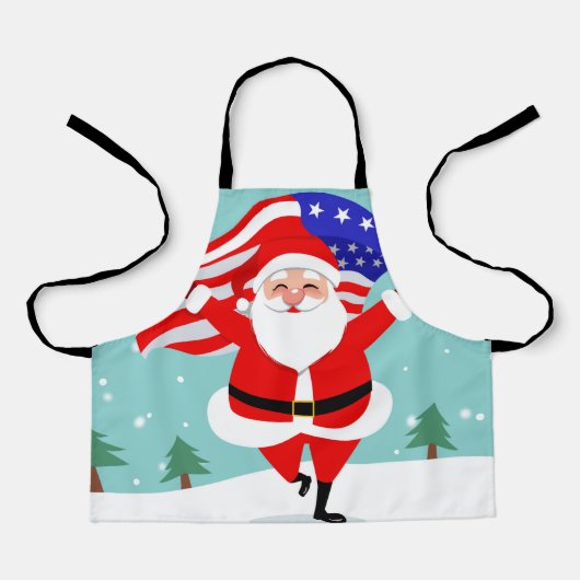 Santa running with american flag エプロン (正面)