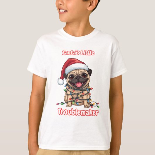 Santa’s Little Troublemaker – Funny Christmas Pug  Tシャツ (正面)