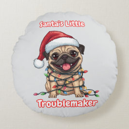 Santa’s Little Troublemaker Pug Round Pillow ラウンドクッション