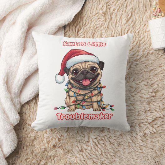 Santa’s Little Troublemaker Pug Throw Pillow  クッション (ブランケット)