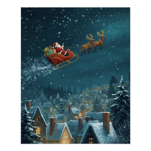 Santa’s Sleigh over the town Poster ポスター (正面)